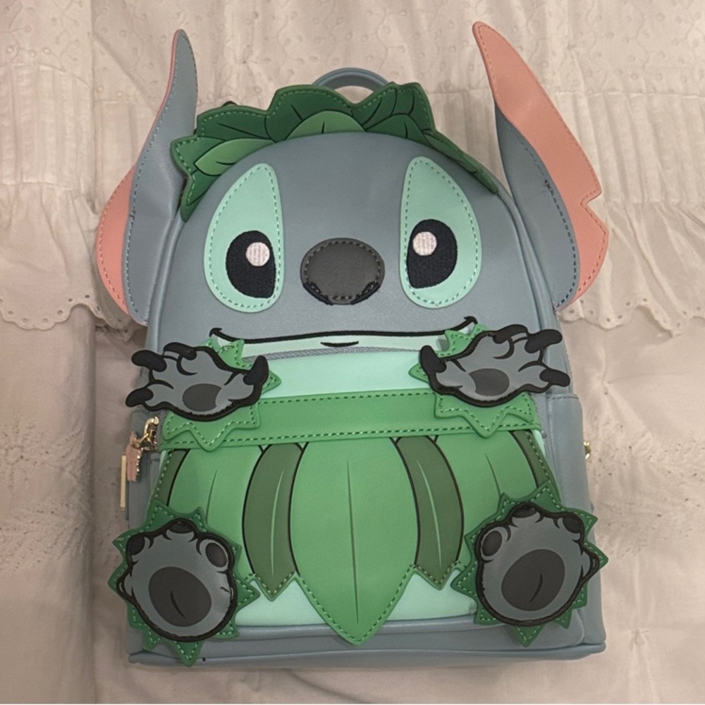 Loungefly Blue & Pink Stitch Mini Backpack with Green Accents